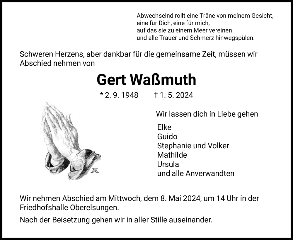  Traueranzeige für Gert Waßmuth vom 04.05.2024 aus HNA