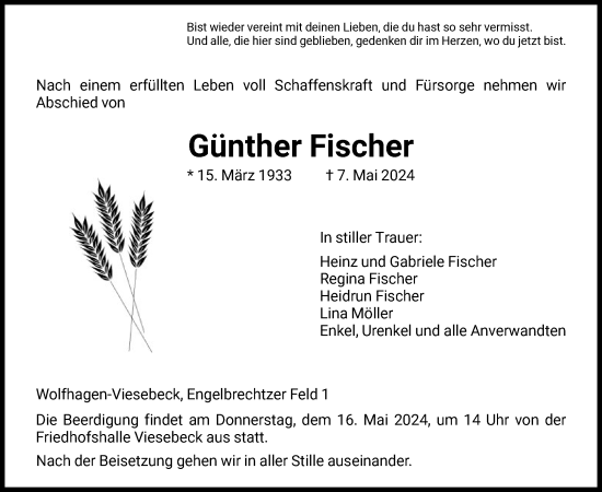Traueranzeige von Günther Fischer von HNA