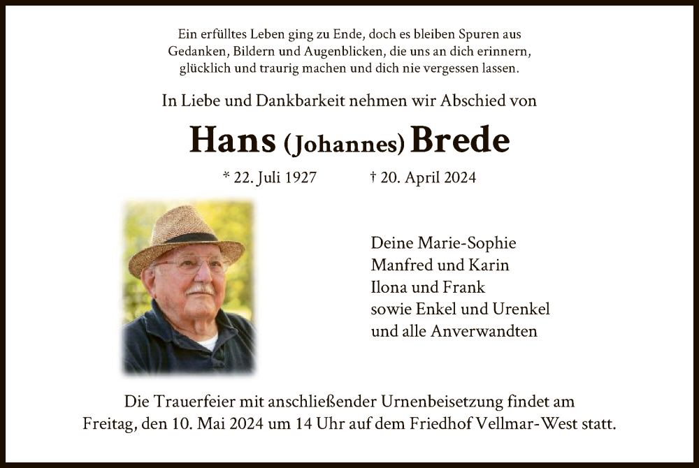  Traueranzeige für Hans  Brede vom 04.05.2024 aus HNA