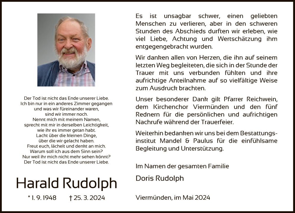  Traueranzeige für Harald Rudolph vom 18.05.2024 aus HNA