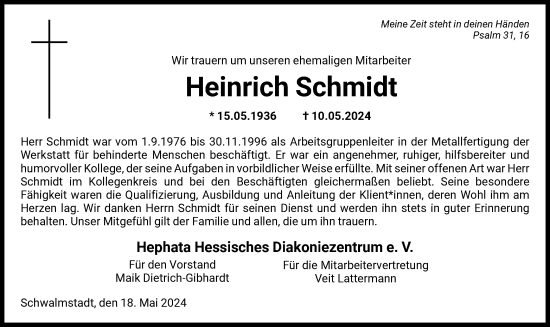 Traueranzeige von Heinrich Schmidt von HNA