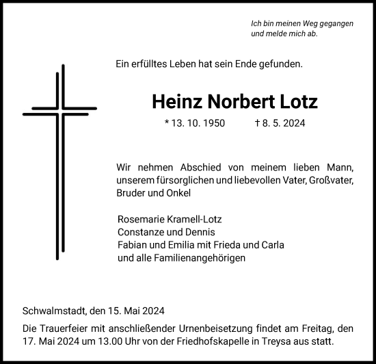 Traueranzeige von Heinz Norbert Lotz von HNA