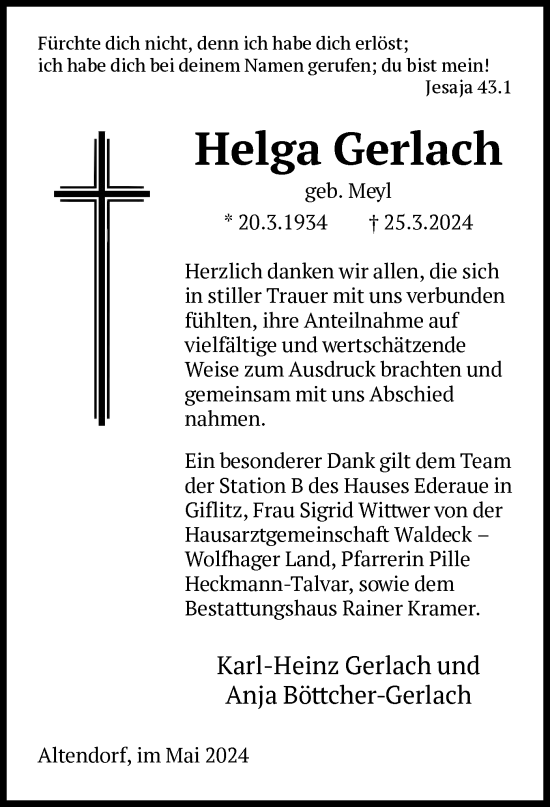 Traueranzeige von Helga Gerlach von HNA