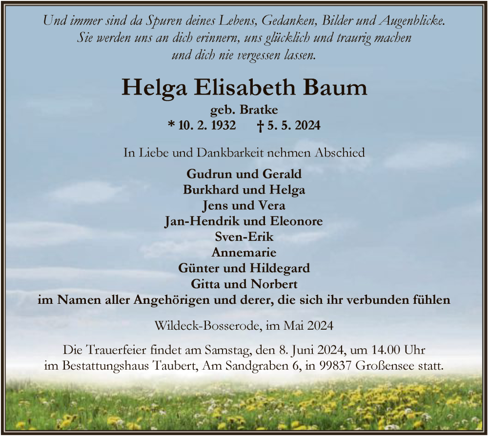  Traueranzeige für Helga Elisabeth Baum vom 25.05.2024 aus HNAHNA