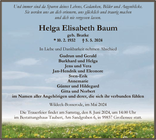 Traueranzeige von Helga Elisabeth Baum von HNAHNA