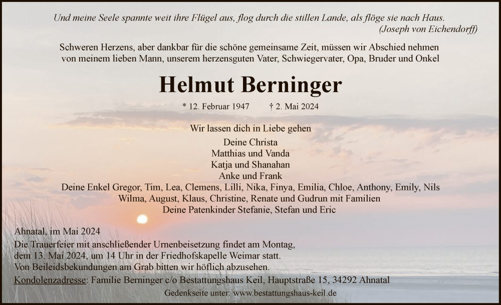  Traueranzeige für Helmut Berninger vom 08.05.2024 aus HNAHNA