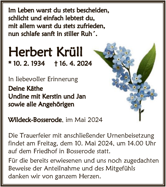 Traueranzeige von Herbert Krüll von HNAHNA