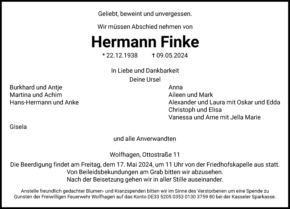  Traueranzeige für Hermann Finke vom 11.05.2024 aus HNA