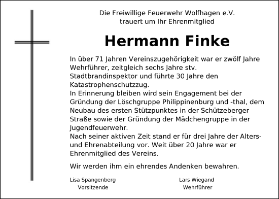 Traueranzeige von Hermann Finke von HNA