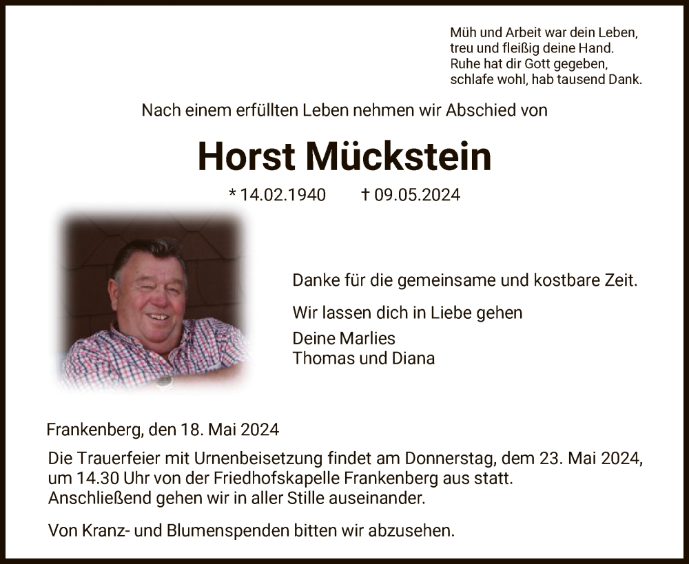  Traueranzeige für Horst Mückstein vom 18.05.2024 aus HNA