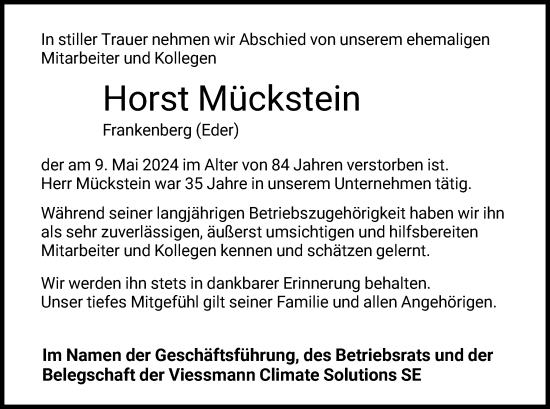 Traueranzeige von Horst Mückstein von HNA