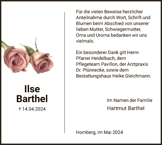 Traueranzeige von Ilse Barthel von HNAHNAHNA