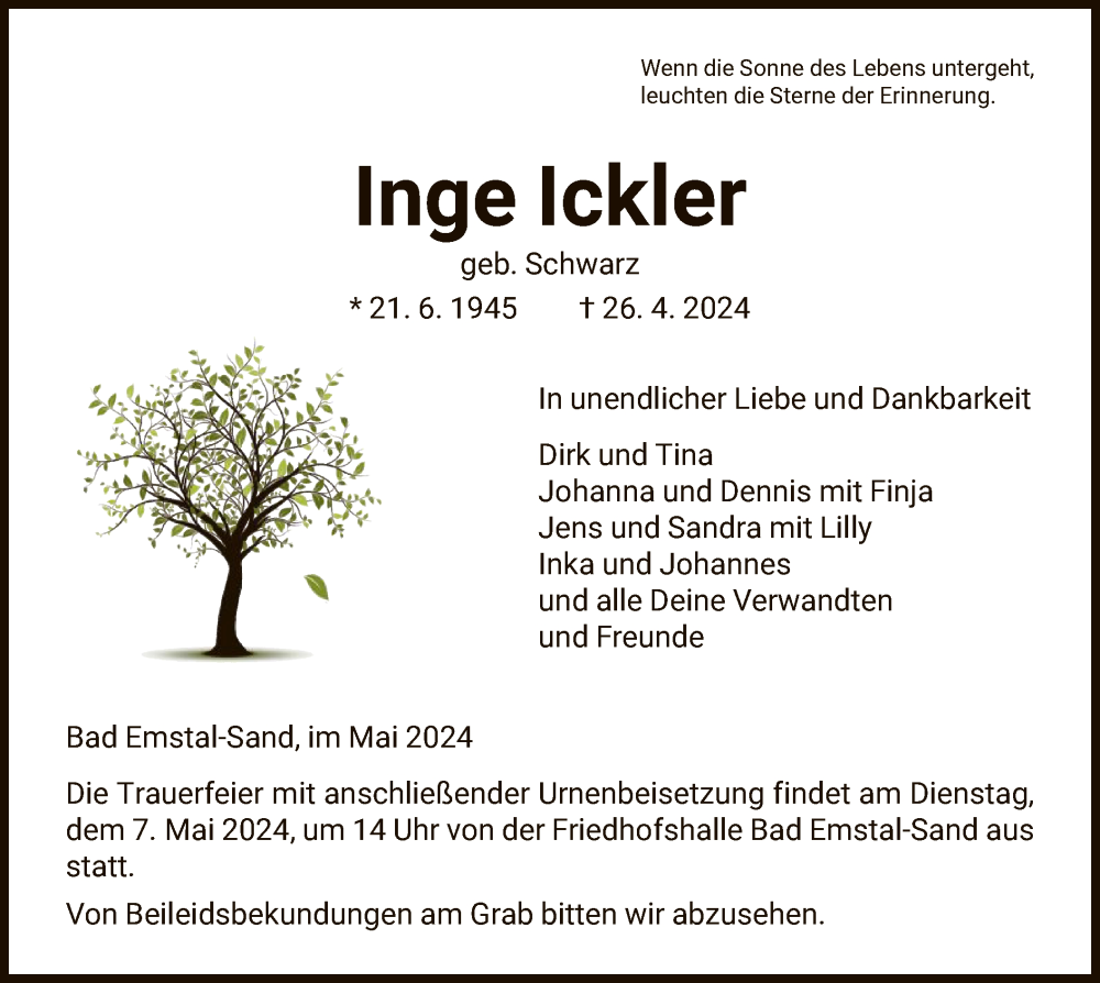  Traueranzeige für Inge Ickler vom 04.05.2024 aus HNA