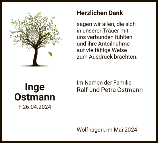 Traueranzeige von Inge Ostmann von HNA