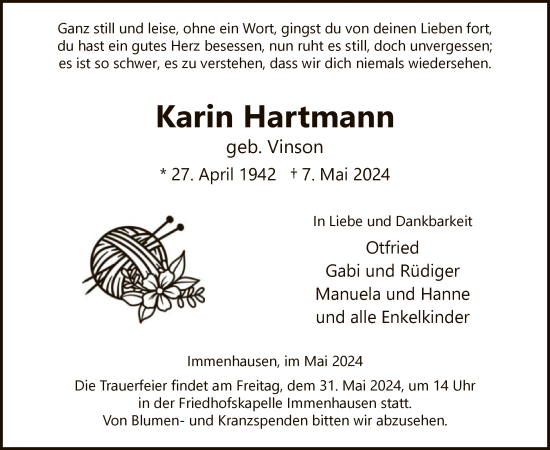 Traueranzeige von Karin Hartmann von HNA