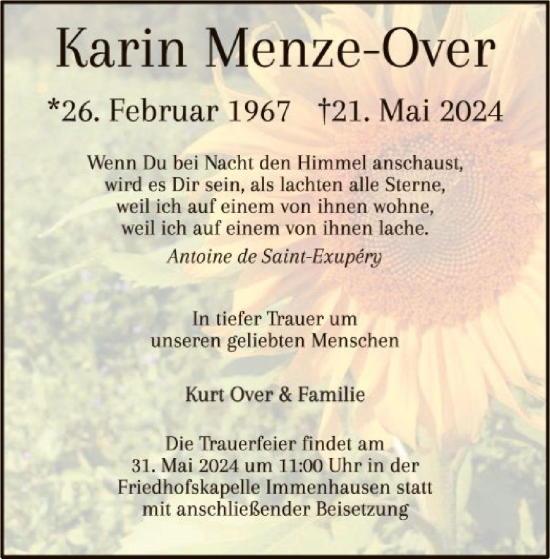 Traueranzeige von Karin Menze-Over von HNA