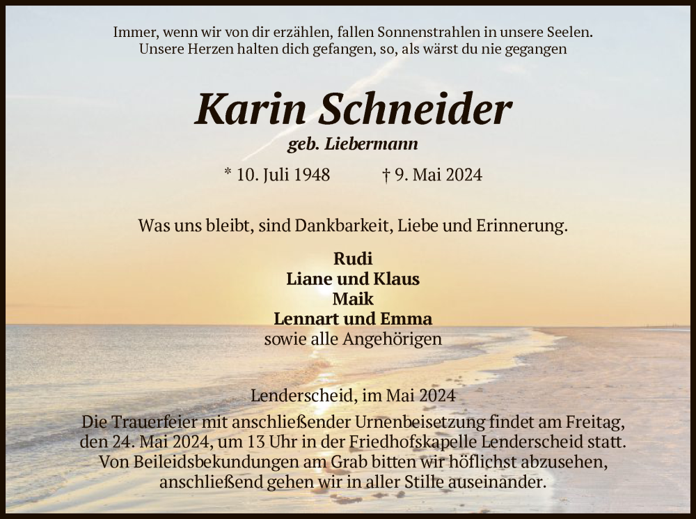  Traueranzeige für Karin Schneider vom 18.05.2024 aus HNA