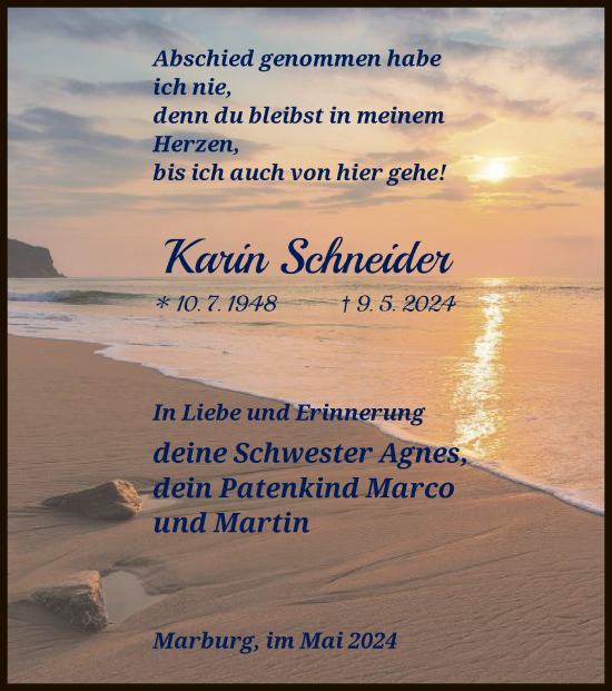 Traueranzeige von Karin Schneider von HNA