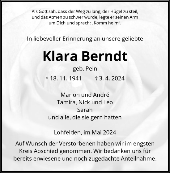 Traueranzeige von Klara Berndt von HNA