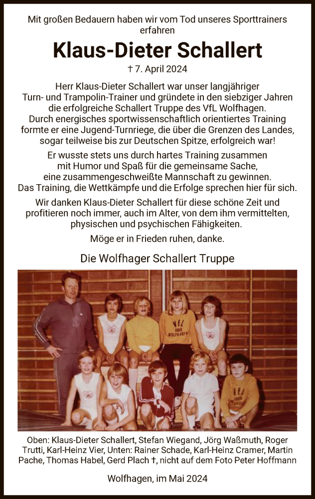  Traueranzeige für Klaus-Dieter Schallert vom 11.05.2024 aus HNA