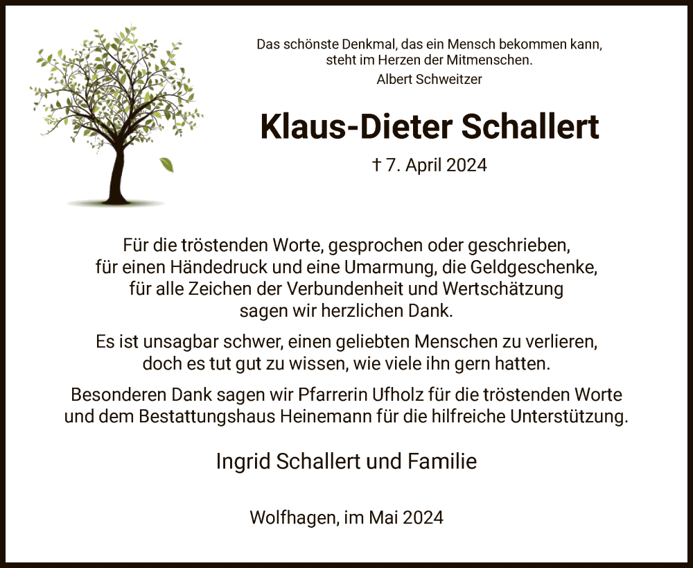  Traueranzeige für Klaus-Dieter Schallert vom 11.05.2024 aus HNA