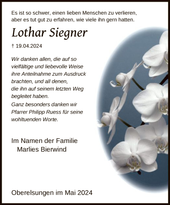 Traueranzeige von Lothar Siegner von HNAHNA