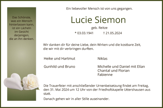 Traueranzeige von Lucie Siemon von HNA