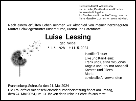 Traueranzeige von Luise Lessing von HNA