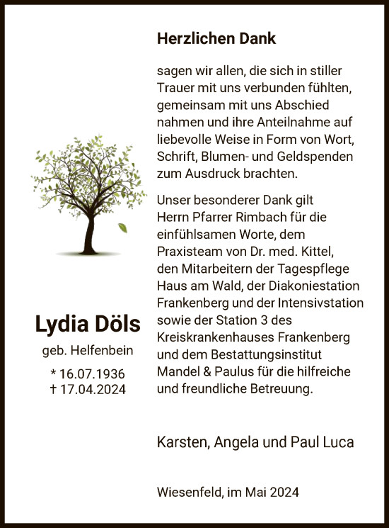 Traueranzeige von Lydia Döls von HNA