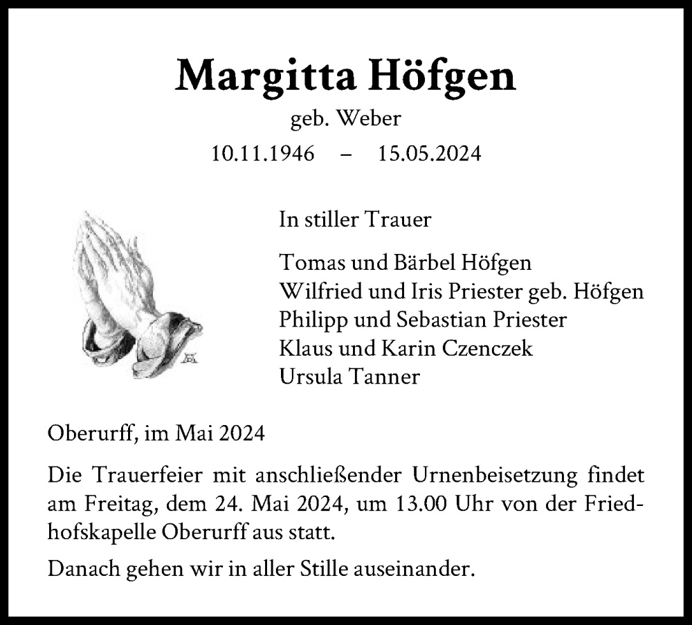  Traueranzeige für Margitta Höfgen vom 18.05.2024 aus HNA