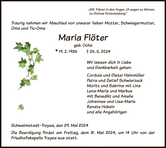 Traueranzeige von Maria Flöter von HNA