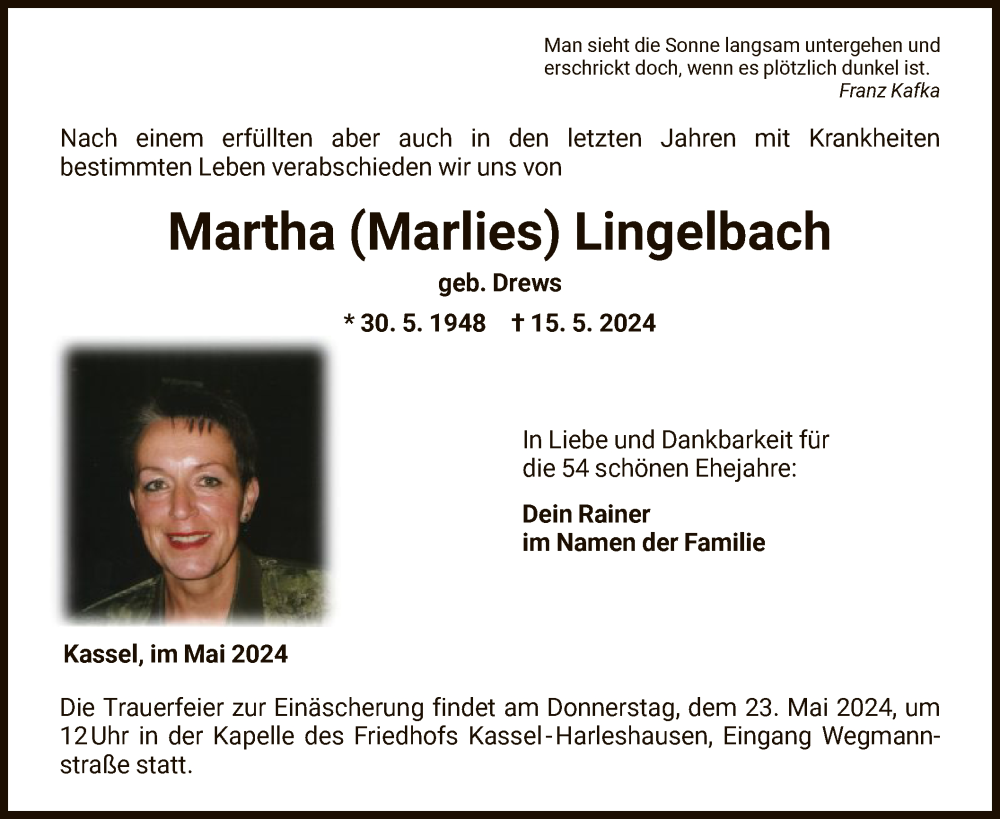  Traueranzeige für Martha Lingelbach vom 18.05.2024 aus HNA