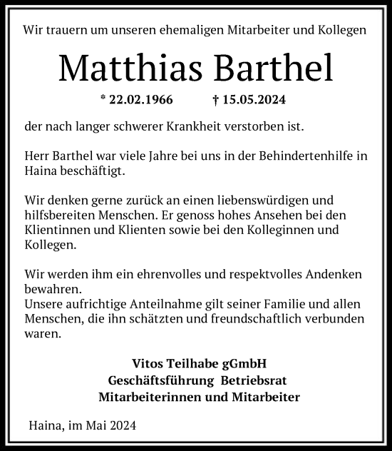 Traueranzeige von Matthias Barthel von HNA