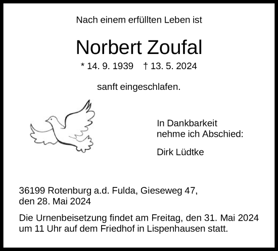 Traueranzeige von Norbert Zoufal von HNA