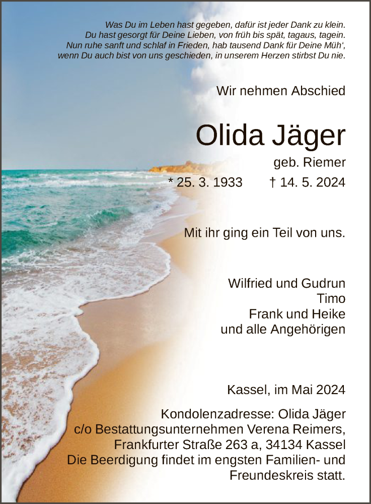  Traueranzeige für Olida Jäger vom 18.05.2024 aus HNA