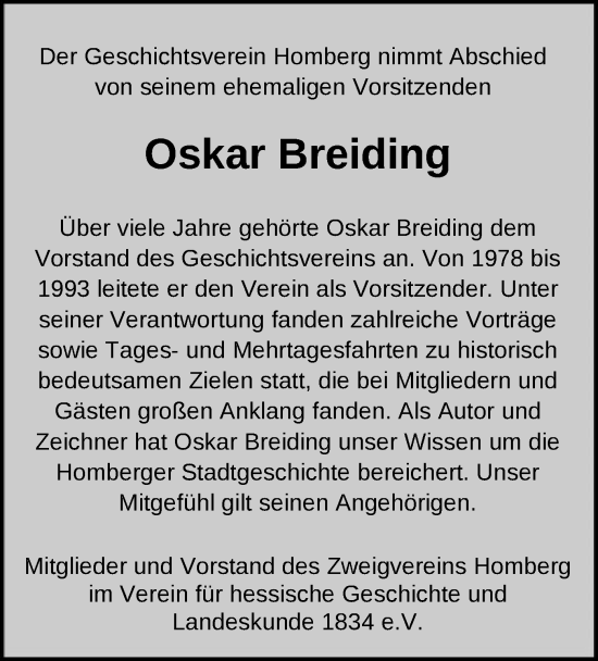 Traueranzeige von Oskar Breiding von HNA