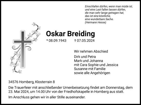 Traueranzeige von Oskar Breiding von HNA