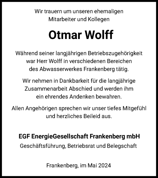 Traueranzeige von Otmar Wolff von HNA