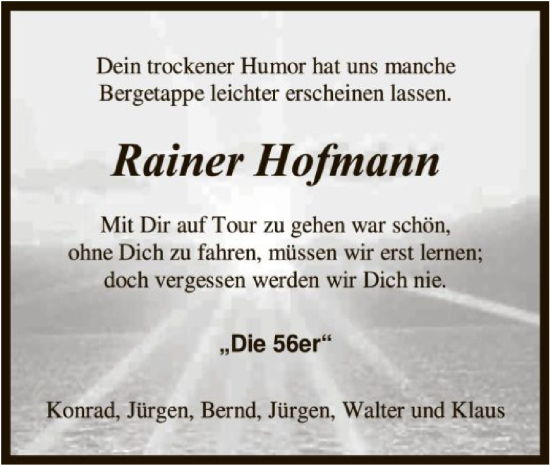 Traueranzeige von Rainer Hofmann von HNA