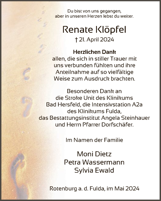 Traueranzeige von Renate Klöpfel von HNA