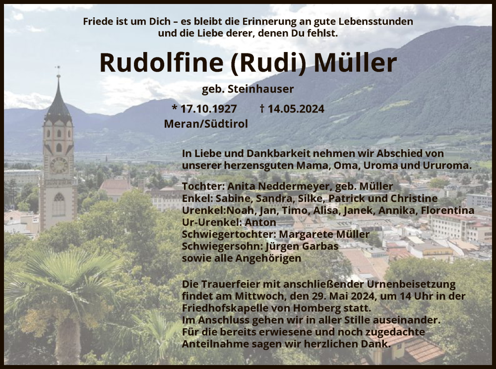  Traueranzeige für Rudolfine  Müller vom 25.05.2024 aus HNAHNA