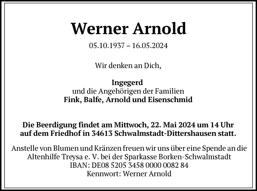  Traueranzeige für Werner Arnold vom 18.05.2024 aus HNA
