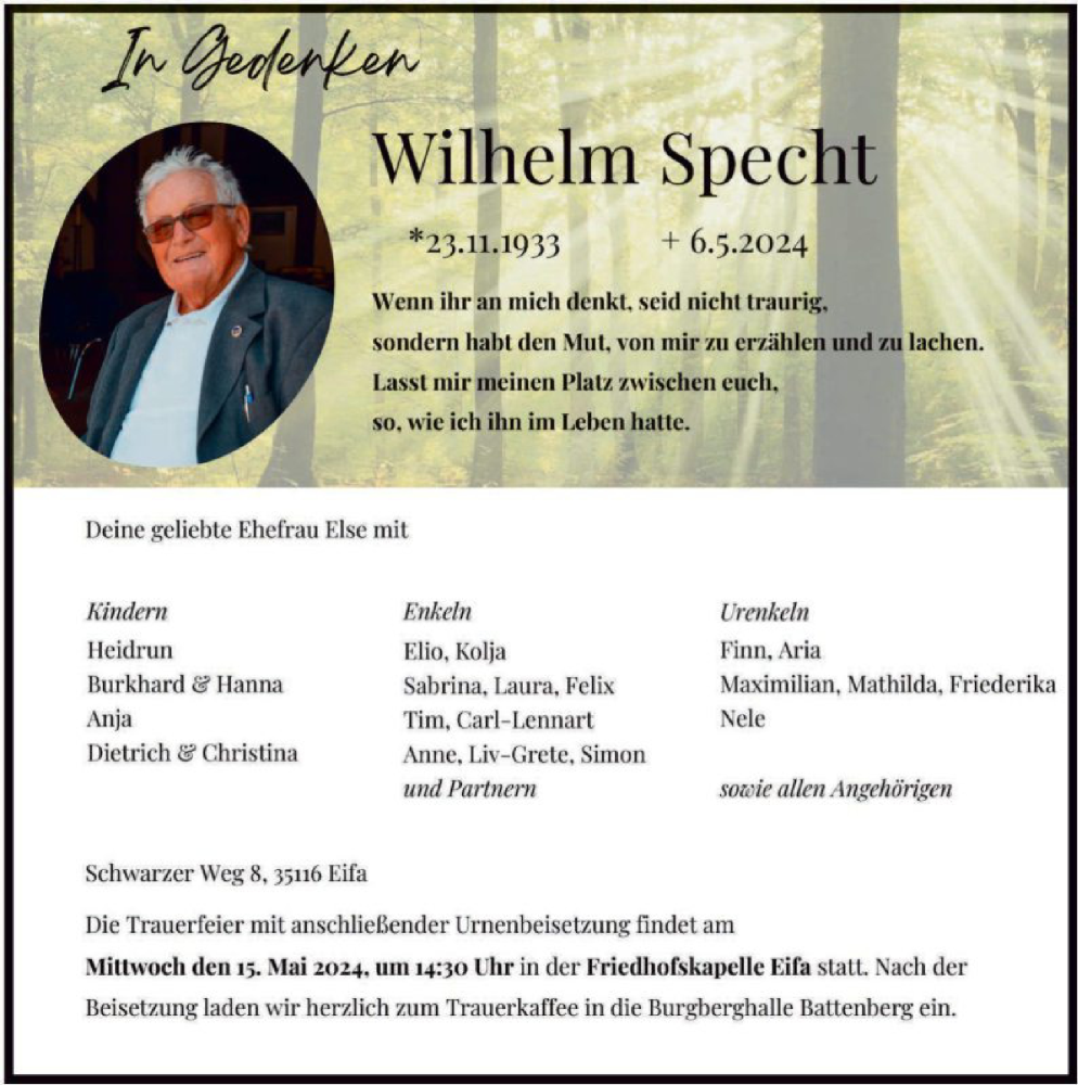  Traueranzeige für Wilhelm Specht vom 11.05.2024 aus HNA