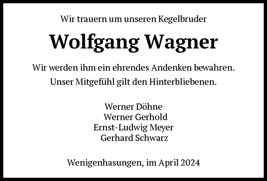 Traueranzeige von Wolfgang Wagner von HNA