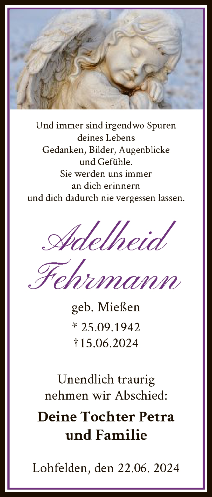 Traueranzeige von Adelheid Fehrmann von HNA