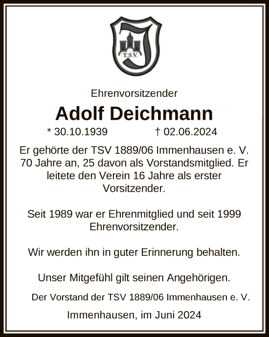 Traueranzeige von Adolf Deichmann von HNA