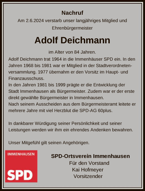 Traueranzeige von Adolf Deichmann von HNA