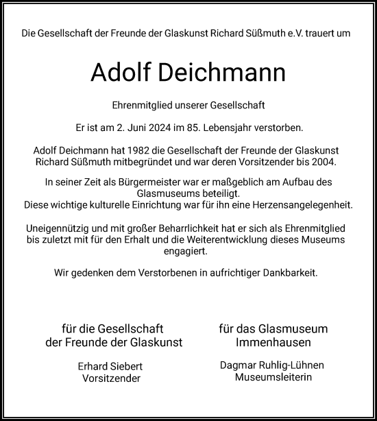 Traueranzeige von Adolf Deichmann von HNAHNA