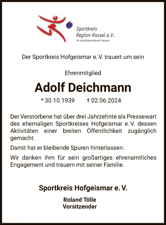 Traueranzeige von Adolf Deichmann von HNA