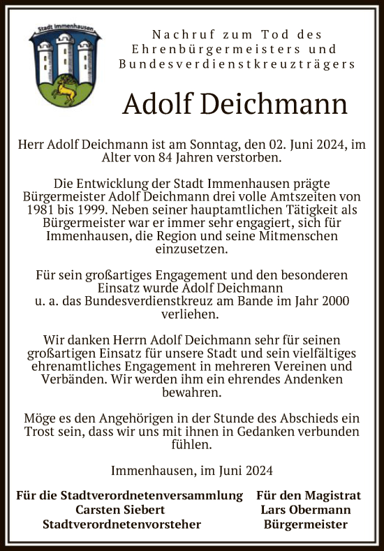 Traueranzeige von Adolf Deichmann von HNA